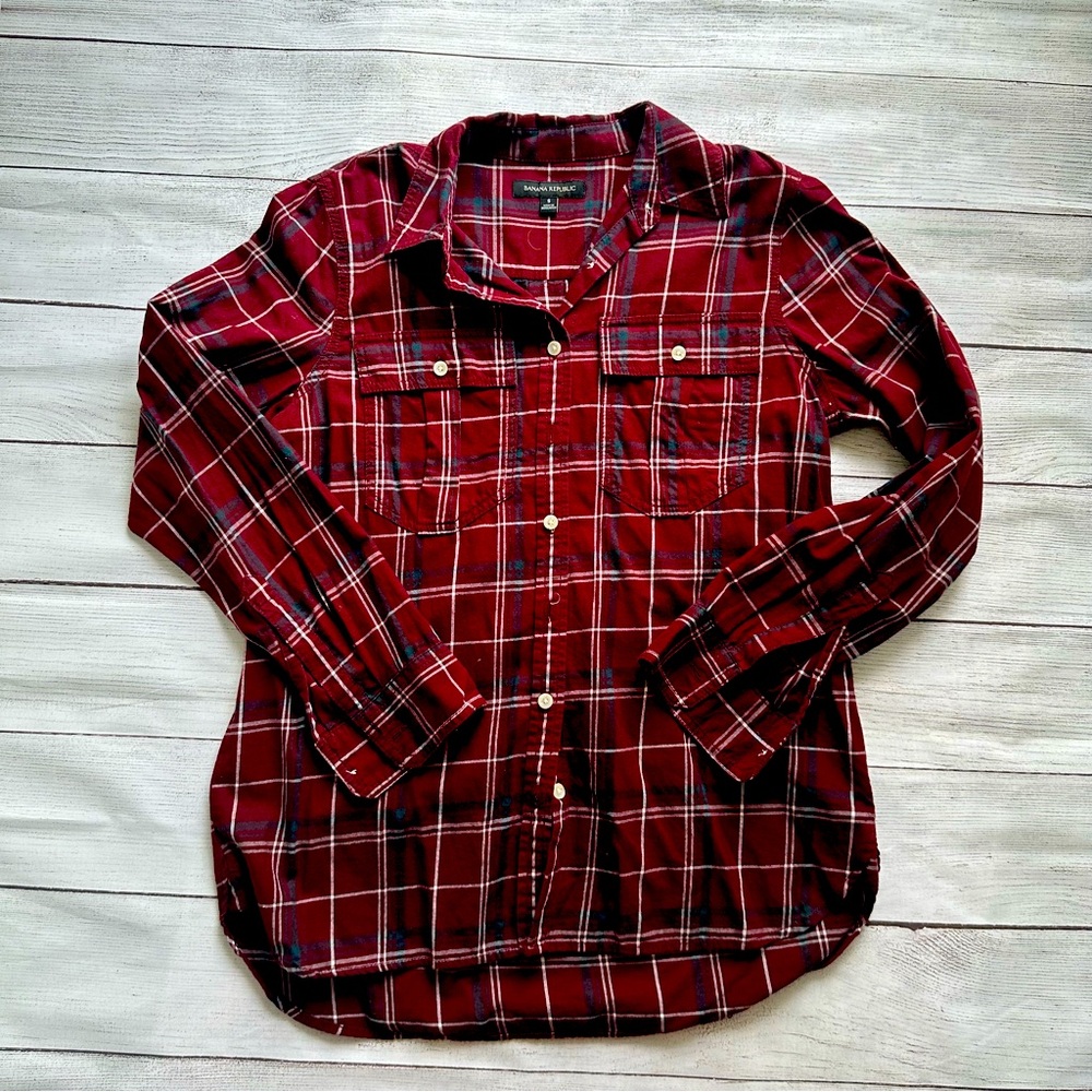 Banana Republic womens plaid flannel button up shirt maroon burgundy small